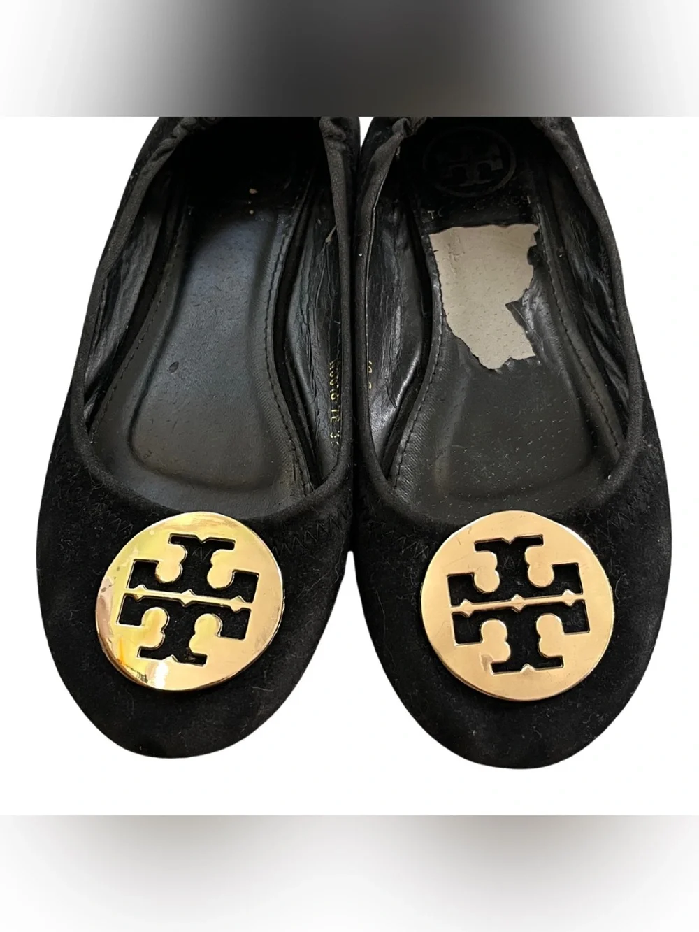 Tory Burch Reva Ballet Flats 7 Black Velvet Gold Medallion Logo Designer Office